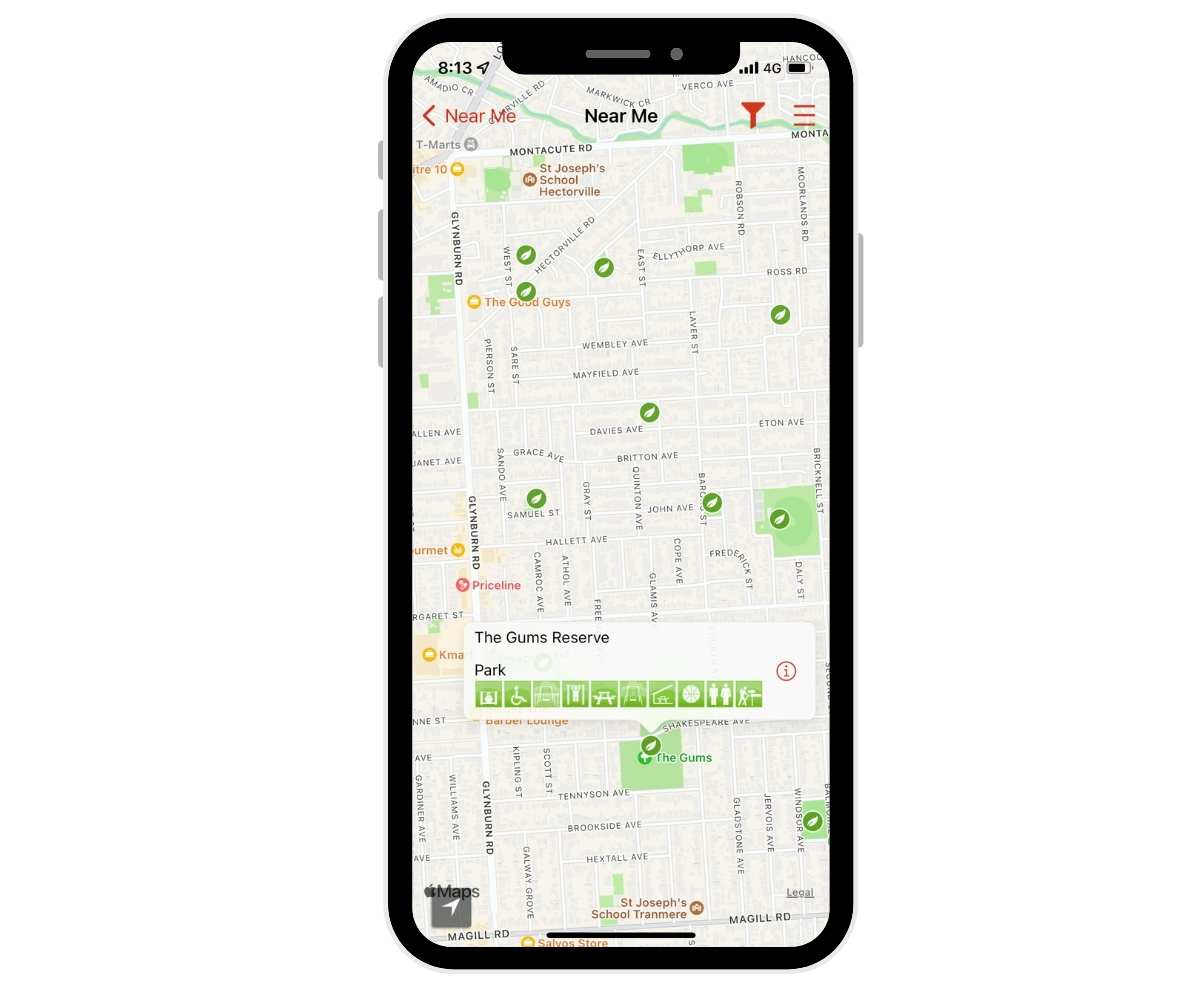 A map screen showing the Near Me feature on My Local Services app
