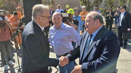 Mayor Phill Stone shakes hands with Prime Minister Anthony Albanese